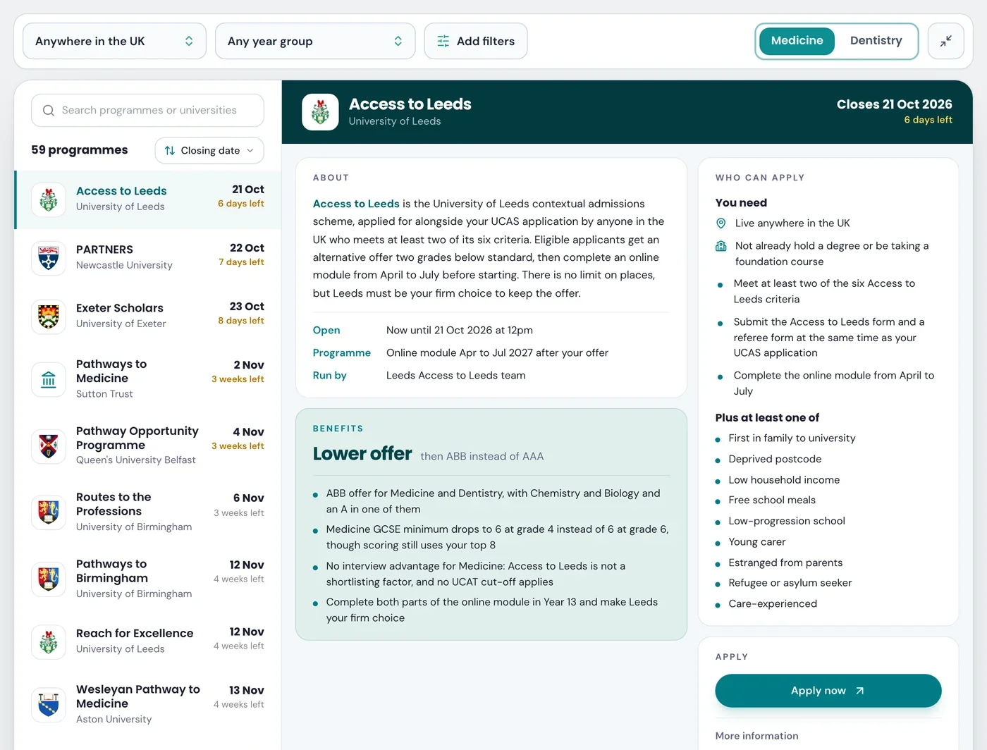 Widening participation explorer: a list of programmes beside one programme's details